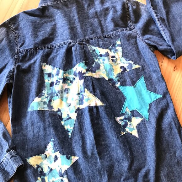 Women’s Star Denim Shirt, M (8-10): Upcycled Handmade Appliqued Stars Front/Back - Picture 8 of 11